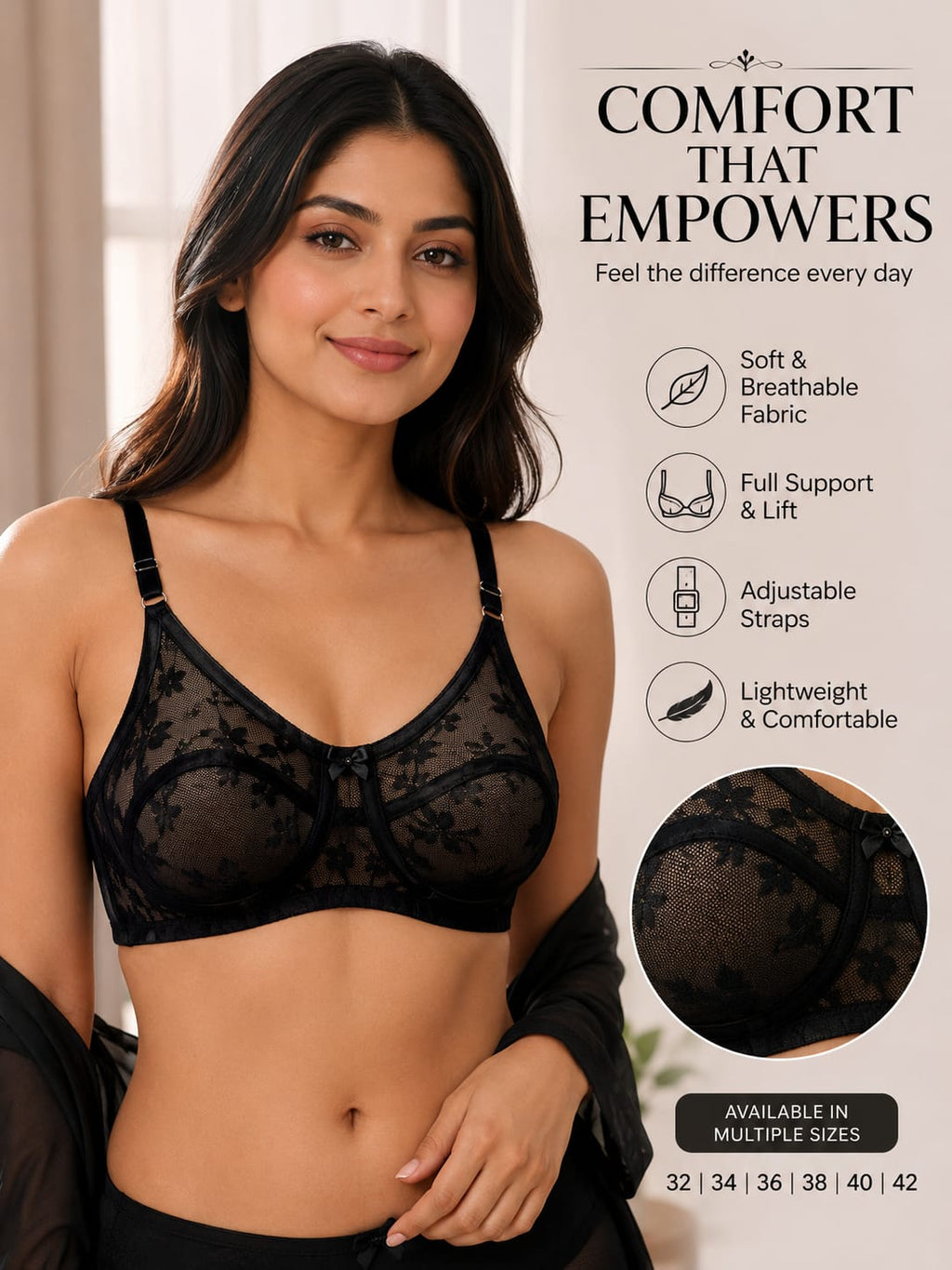 Elegant Floral Lace Support Bra for Women – Soft & Breathable